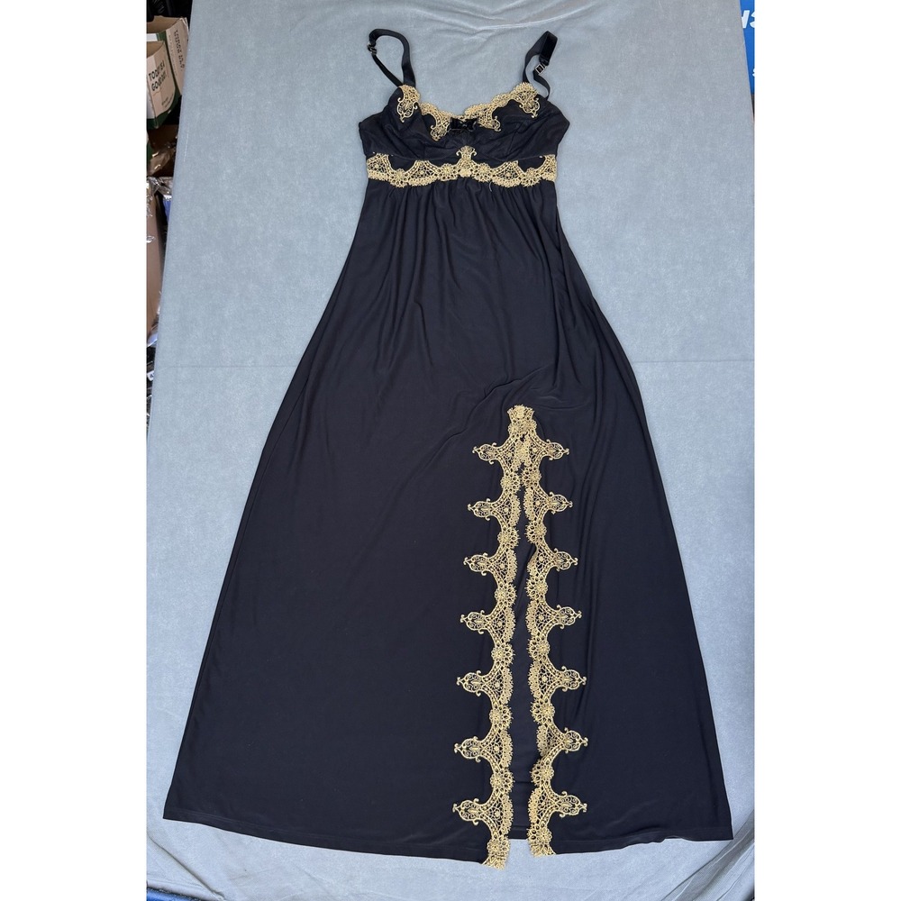 Soma Gold Floral Embroidered Black Mesh Lace Trim Lingerie Camisole dress Small